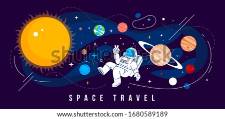 Vector creative illustration of cosmonaut in spacesuit exploring outer space with planet of solar system and sun. Astronaut flying in zero gravity on dark background. Flat line art style design Royalty-Free Stock Photo #1680589189