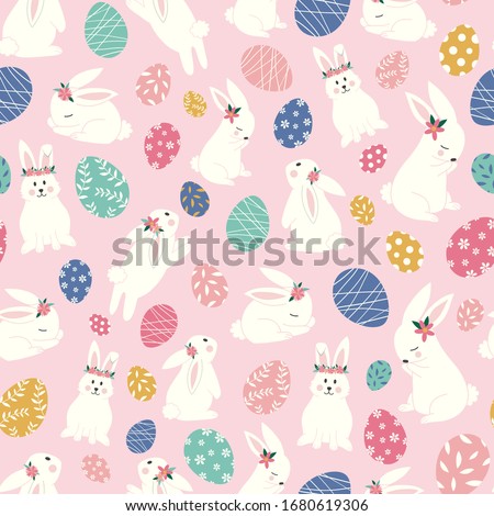 Cute bunnies seamless pattern. Easter bunnies with easter eggs