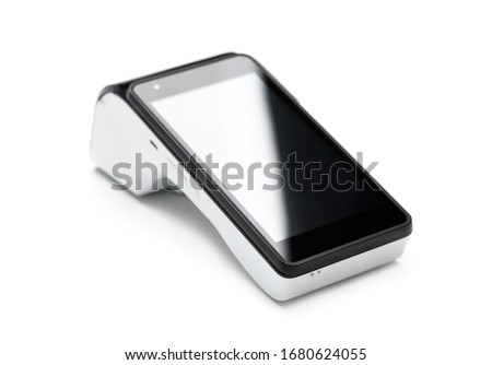 Pos terminal device for reading banking cards isolated on white background closeup Royalty-Free Stock Photo #1680624055