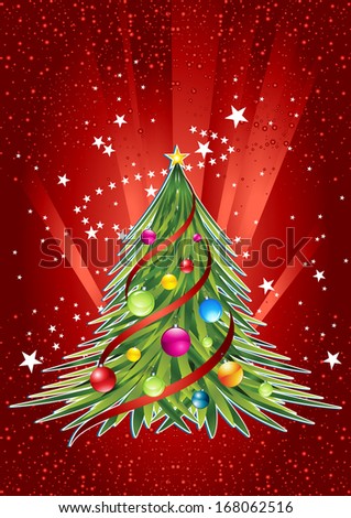 Happy new year card with colorful christmas tree and colorful ball on it