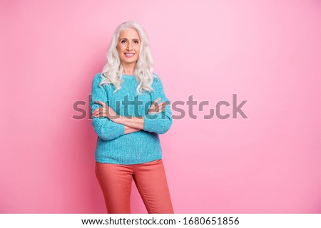 Portrait of charming lovely pretty old woman cross her hand ready care after kids grandchildren wear good look pullover isolated over pastel color background