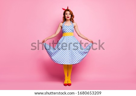 Full size photo of crazy funny cute sweet tender gentle lady touch polka-dot skirt hear wonderful novelty stare stupor scream wow omg wear red shoes isolated over pink color background