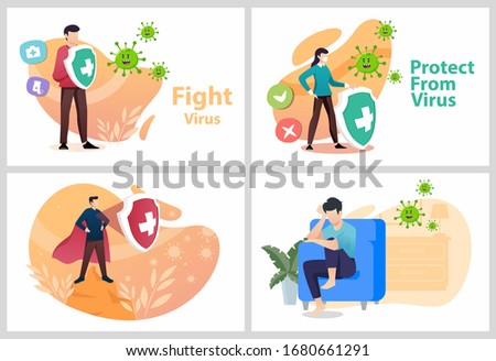 Sets Vector illustration fight covid-19 corona virus. people fight and protect virus concept. corona viruses vaccine concept. end of 2019-ncov.  Royalty-Free Stock Photo #1680661291