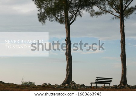 Inspiration motivational quotes with single bench and tree on a hill during sunset. Never be afraid to stand alone.