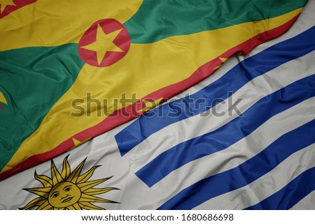 waving colorful flag of uruguay and national flag of grenada. macro