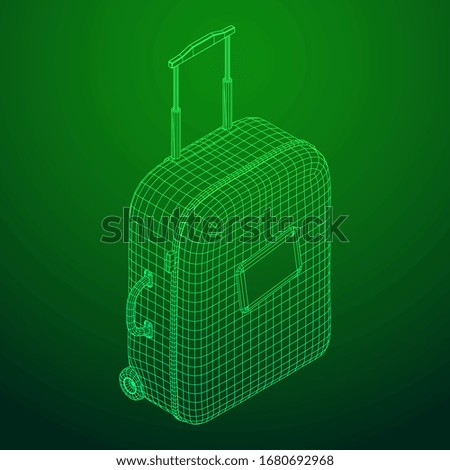 Suitcase tourist travel bag. Vacation luggage travelling trip concept. Wireframe low poly mesh vector illustration.