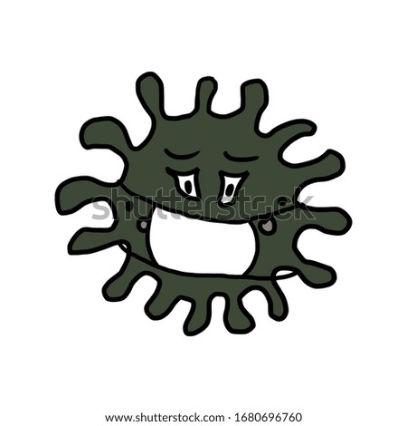 Coronavirus covid 19 cell with a protection face mask. Crazy cartoon mascot. Hand drawn illustration, great design for tee or textile print.