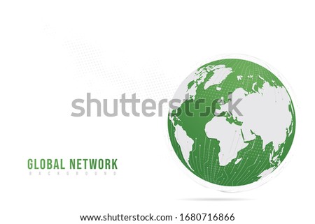 Abstract mash line and paper art green point scales on white background with Global. Wire frame 3D mesh polygonal network line, design sphere, dot and structure. Vector illustration eps 10.