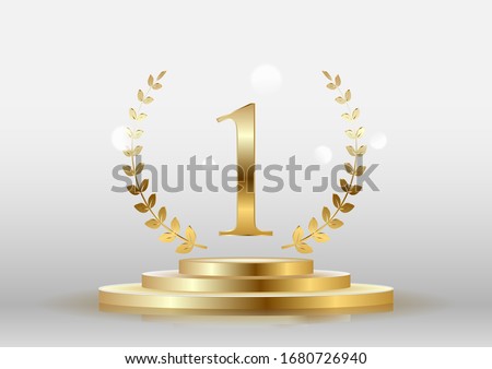 Stage podium with the number one gold on a white background. Vector. Royalty-Free Stock Photo #1680726940
