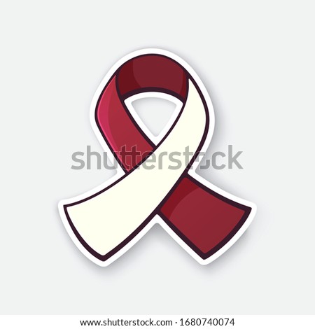 Vector illustration. Burgundy and ivory color ribbon, international symbol of head and neck cancer awareness. Sticker with contour. Isolated on white background