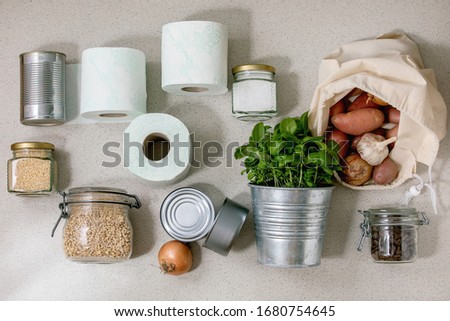 Flat lay of food supplies crisis for quarantine isolation period. Different glass jars with grains, cans of canned food, vegetables, toilet paper, basil.