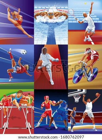 Set of sports vector illustrations. 9 sports: gymnastics, swimming, lawn tennis, football, fencing, track Cycling, steeplechase, Boxing, basketball