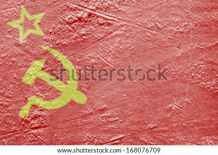 Image of the Flag of the Soviet Union on a hockey rink. Texture, background