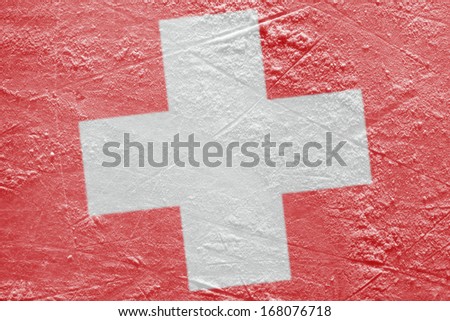 Preview of the Swiss flag on a hockey rink. Texture, background