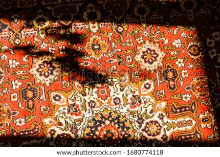 precious ancient colored wool rugs made by hand, ornament of Central Asian carpet with deep shadows, copy space, colorful background