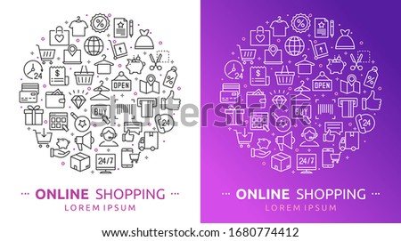 Online shopping. Vector illustration of shopping, E-commerce icons with payment, mobile shop, wallet, sale, gift box and tags symbols. Background for m-commerce, delivery, websites and apps, marketing Royalty-Free Stock Photo #1680774412