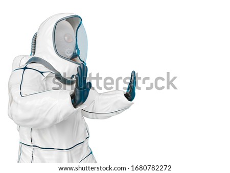 bio hazard man back away in a white background side view. This biohazard in clipping path is very useful for graphic design creations, 3d illustration