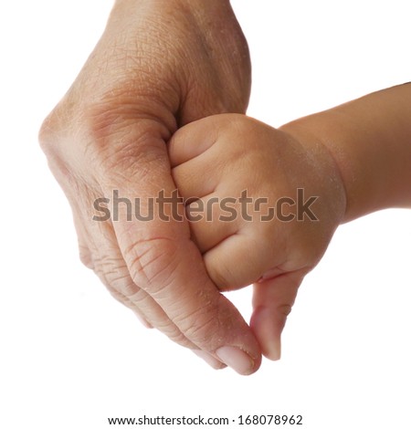  Be hand in hand , hands of young child and old senior 