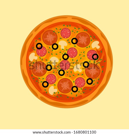 Isometric delicious pizza with ingredients and spices. Slice of fresh italian classic pizza isolated on yellow background. 