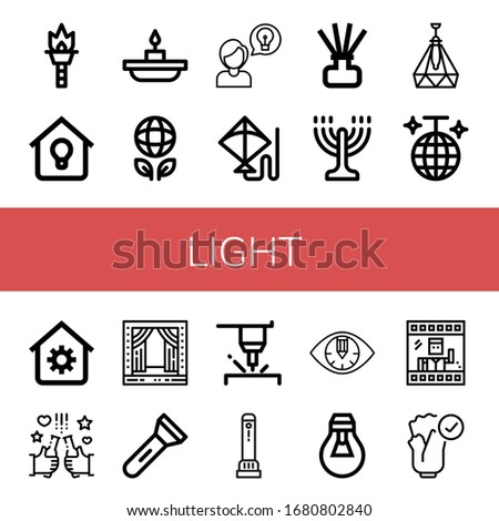 light simple icons set. Contains such icons as Torch, Lighting, Candle, Ecology, Idea, Kite, Diffuser, Menorah, Ceiling lamp, Disco ball, can be used for web, mobile and logo