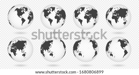 Set of transparent globes of Earth. Realistic world map in globe shape with transparent texture and shadow. Abstract 3d globe icon. Vector