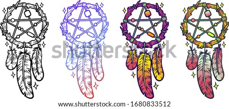Dreamcatcher Abstract mystic symbol. Design for spiritual relaxation for adults. Black and white Illustration Isolated on white backgroung.