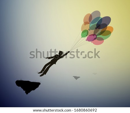teenager silhouette holds the baloons and flying up to the sky, strong wind story, dreamer concept, scene in  dreamland, shadow story vector concept.