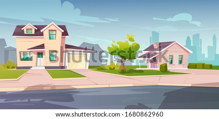 Suburban cottages, residential house with garage. Vector cartoon illustration of village mansions facade. Summer countryside landscape of with private buildings and town silhouettes on background