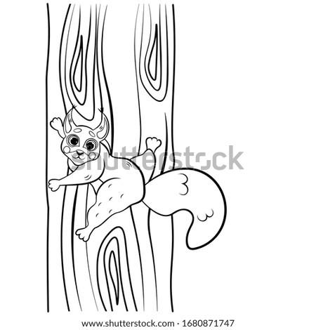 Cute cartoon squirrel climbing the tree vector coloring page outline. Coloring book of forest animals for kids. Isolated on white background.
