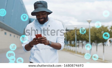 Stylish african american man walk smile white animation сloud technology internet networking device online storage computing icon network connection virtual interface digital slow motion