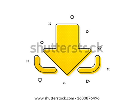 Down arrowhead symbol. Download Arrow icon. Direction or pointer sign. Yellow circles pattern. Classic download icon. Geometric elements. Vector