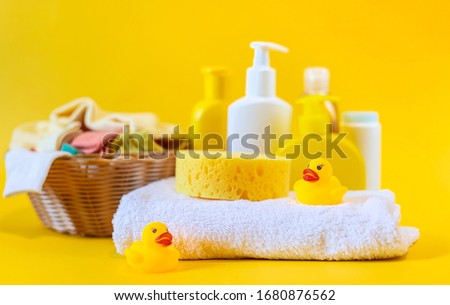 Accessories for bathing the baby. Selective focus. nature.