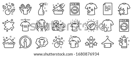 Dryer, Washing machine and dirt shirt. Laundry line icons. Laundromat, hand washing, soap bubbles in basin icons. Dry t-shirt, laundry service, dirty smudge spot. Clean clothes. Vector Royalty-Free Stock Photo #1680876934