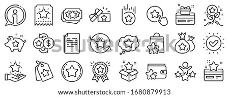 Bonus card, Redeem gift and discount coupon signs. Loyalty program line icons. Lottery ticket, Earn reward and winner gift icons. Shopping bag, loyalty card and lottery present. Vector Royalty-Free Stock Photo #1680879913