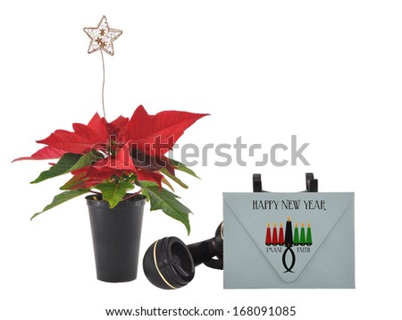 Happy New Year Kwanzaa Kinara (Swahili for Candle Holder) Imani / Faith on Gray Envelope Black Vintage Telephone Red Poinsettia with Star isolated on white background