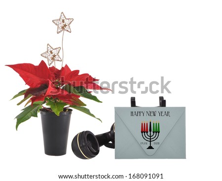 Happy New Year Kwanzaa Kinara (Swahili for Candle Holder) Imani / Faith on Gray Envelope Black Vintage Telephone Red Poinsettia with Stars isolated on white background