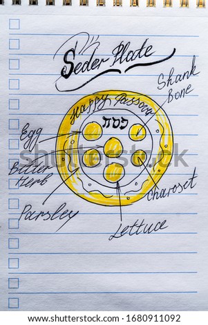 Passover translation from Hebrew inscription. Plate and traditional food for Passover (Pesach) drawn in notebook
