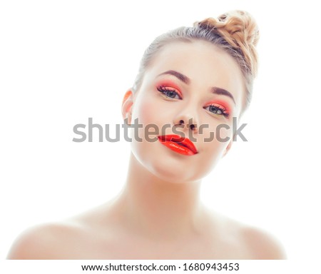 young blond real woman with bright make up smiling pointing gesturing emotional isolated like doll lashes