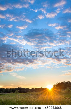 beautiful rural summer landscape with sunset and meadow. amazing scenery with clouds in sky and sun