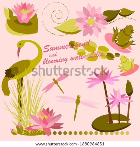 Set of vector icons , picture of blooming pink lilies and leaves, Heron stands, green frog, round pattern