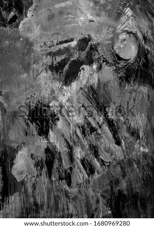 Abstract monochrome background. Palette with oil paints. Freehand brush strokes. Black and white, and gray background with texture and scratches, stains.
