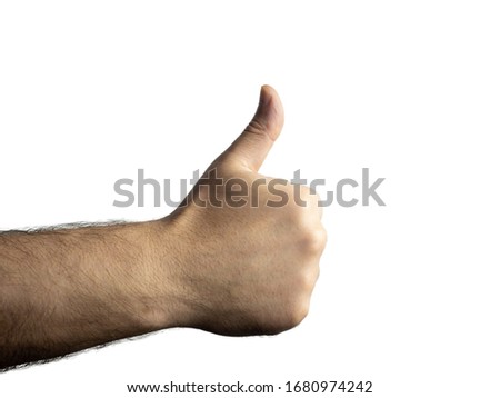 Men's brutal hairy hand clenched into a fist and showing a thumb against an isolated background