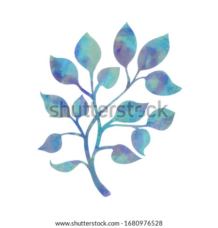 Painted leaves on tree branch or stem in nature design element, pretty pastel blue green purple and yellow watercolor painted illustration for spring or Easter decorations, ivy vines or foliage art
