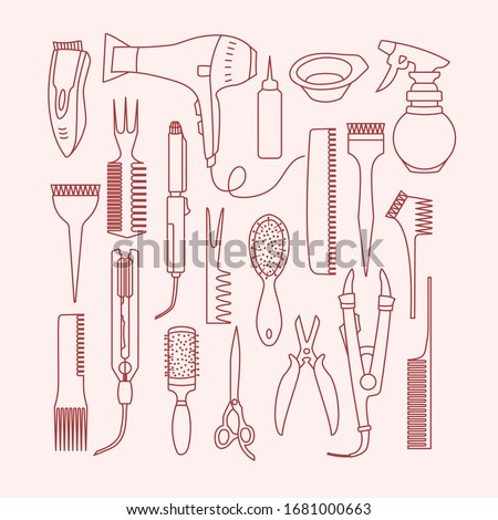 Vector linear set with hairdresser tools isolated on white background. Handraw doodle style. Different professional combs, hair dryer. Object for hairdresser. Hairstyle concept. Beauty routine. Royalty-Free Stock Photo #1681000663