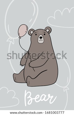 Greeting card with happy bear. Vector illustration.