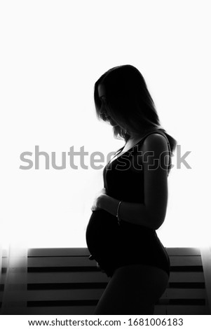 Beautiful pregnancy. Silhouette of pregnant woman hugs tummy