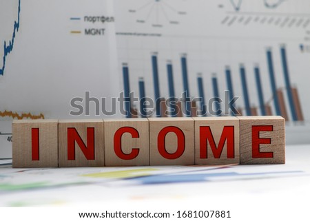 INCOME text written on wooden block with stacked coins isolated on white background