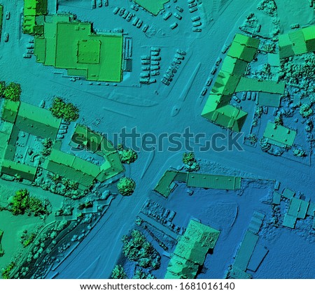 Digital elevation model. GIS product made after proccesing aerial pictures taken from a drone. It shows city urban area with roads and junctions Royalty-Free Stock Photo #1681016140
