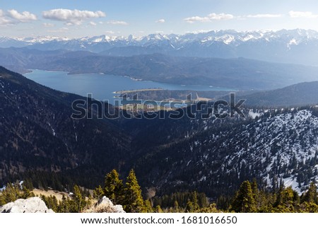 Winter in the Alps, view to the lake Walchensee with bavarian and tyrolean mountains in the background, Bavaria, Germany, Europe
