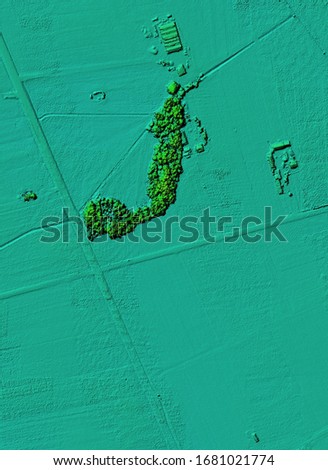Digital elevation model. GIS product made after proccesing aerial pictures taken from a drone. It shows flat area with trees, drainage ditches and fields visible